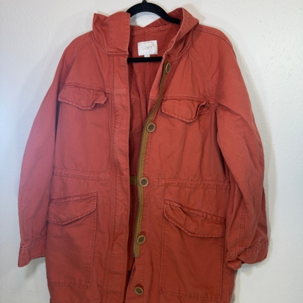 Ann Taylor LOFT Utility Chore Gorpcore Hooded Anorak Jacket Rust Linen Blend S